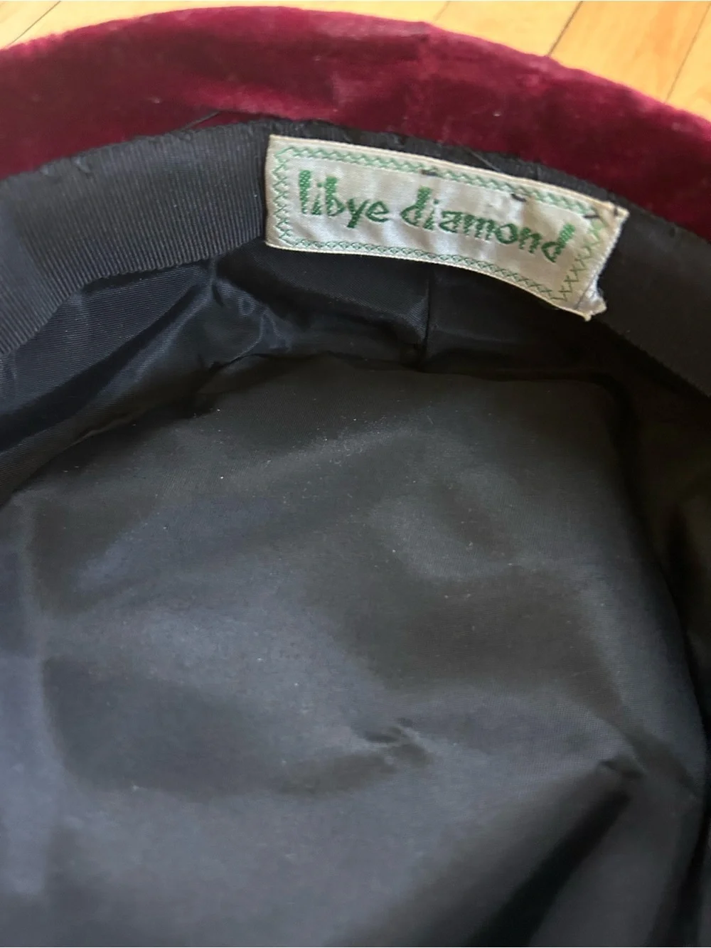 Libye Diamond 1950s Black Velvet Pillbox Hat with Wine Tail